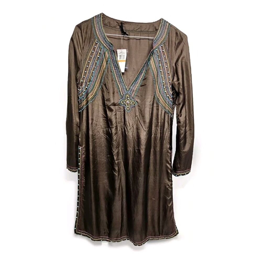 BCBGMAXAZRIA NWT 100% Silk Beaded Tunic Top Boho Dress Chocolate Brown  Small